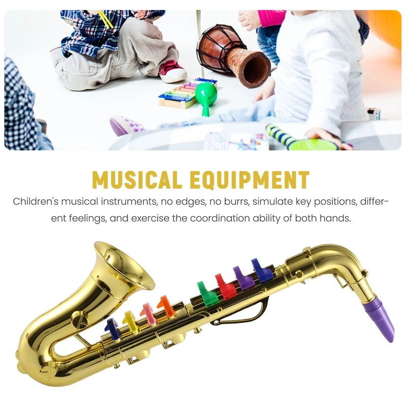 แซ็กโซโฟน 8 ปุ่มสีโลหะจําลอง Props เล่นมินิดนตรี Wind Instruments สําหรับของเล่นวันเกิดเด็ก