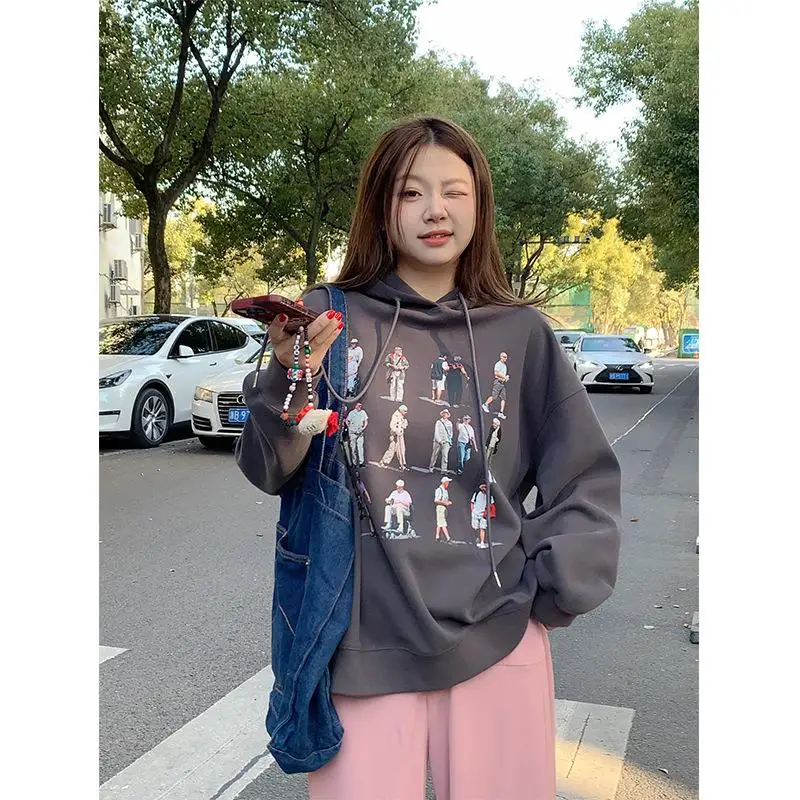 

Gray Printed Hoodie Women's Loose Slimming round Neck Long Sleeve Sweatshirt Hangzhou Deer Antler Elephant Clothing plus Size