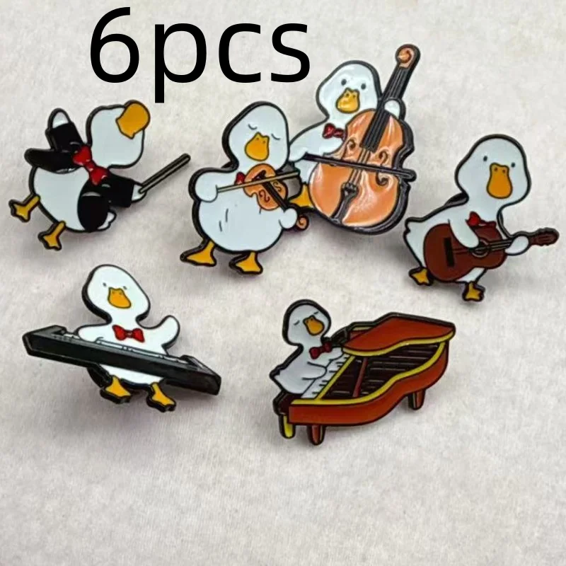 6pcs Musician Duck Enamel Brooch Creative Cartoon Violin Piano Baton Guitar Animals Lapel Pins Backpack Jewelry Gifts For Kids