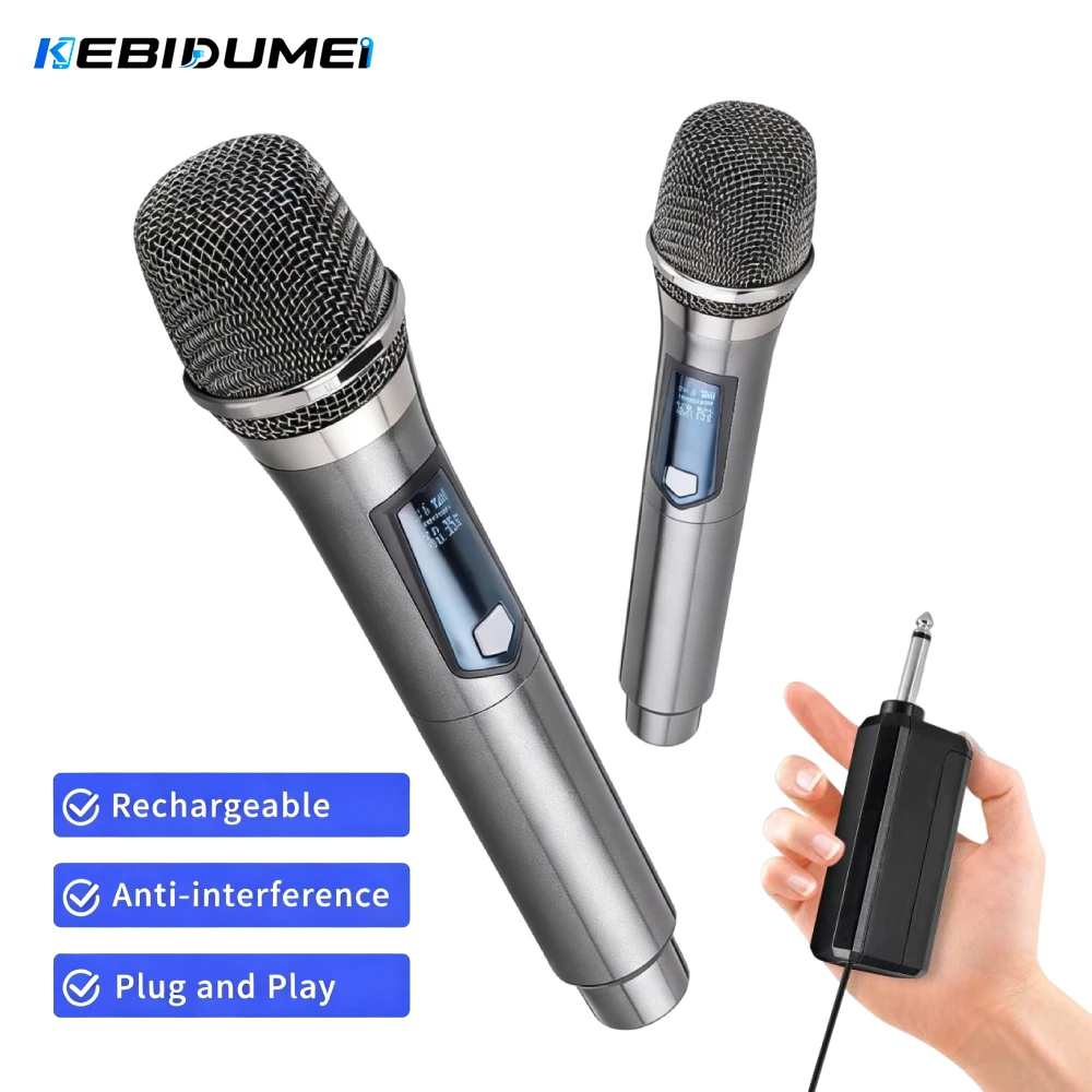 KEBIDUMEI Wireless Microphone UHF Fixed Frequency 2 Channels Handheld Mic For Party Karaoke Professional Church Show Meeting