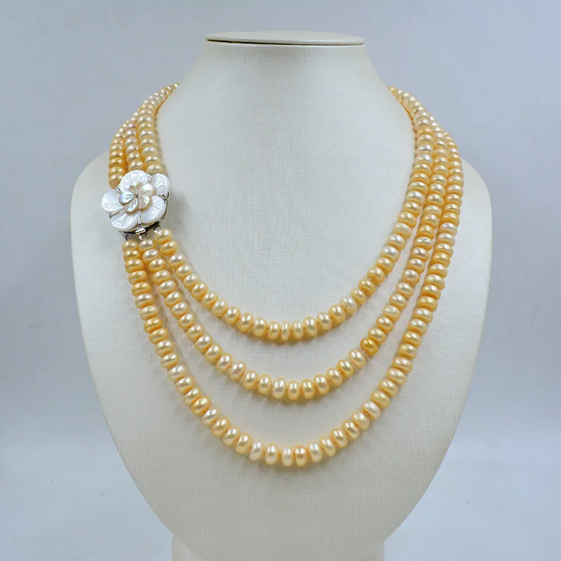 

3 rows 9-10MM AAA champagne color natural cultured freshwater half round pearl necklace. Female Wedding Accessories