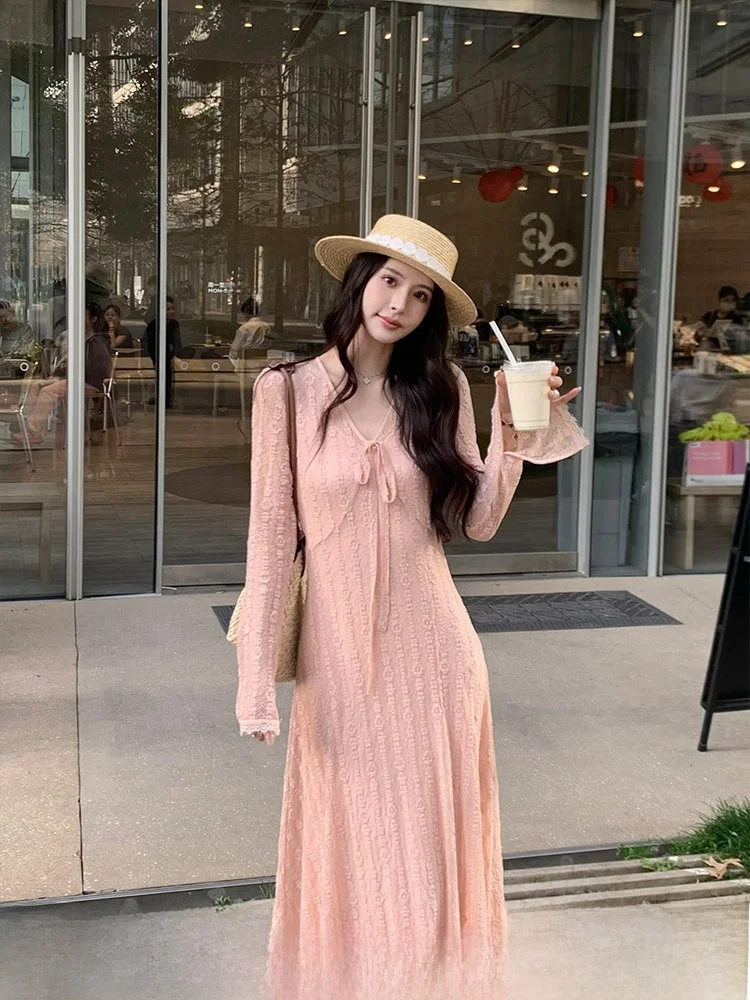 

Розовое вязаное кружевное платье с V-образным вырезом, женское, с завышенной талией, с длинными рукавами, базовое, для повседневной носки, простое, из полиэфирного волокна