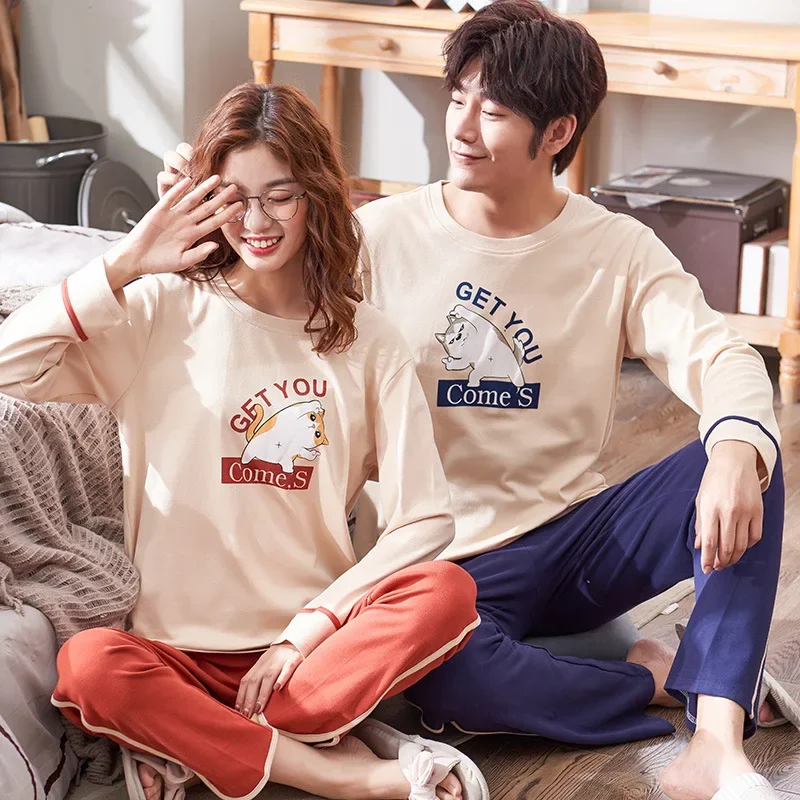 Lovers Cotton Pajamas Sets Cartoon Couple Men Home Clothes Short Sleeve Woman Nightgowns Indoor Fashion Pyjamas Cozy Sleepwear