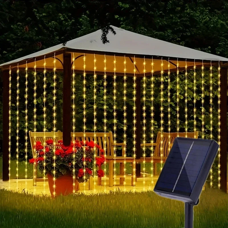 

Solar LED Curtain Lights 8 Lighting Modes Christmas Lighting Outdoor String Lights for Wedding Party Gazebo Garden Decoration