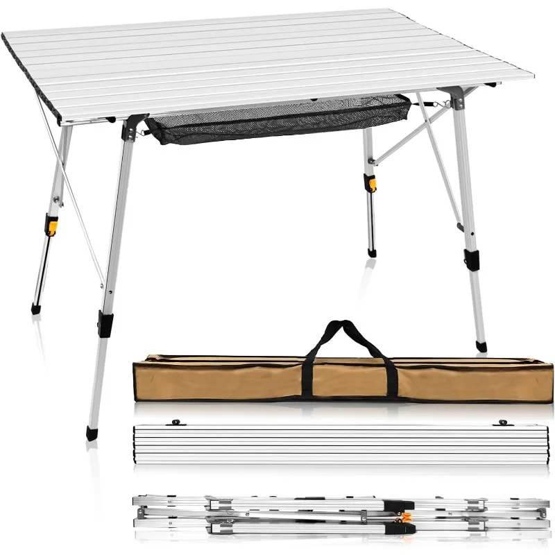 

Aluminum Table with Storage net Height Adjustable Folding Table Camping Outdoor Lightweight for Camping, Beach, Backyards