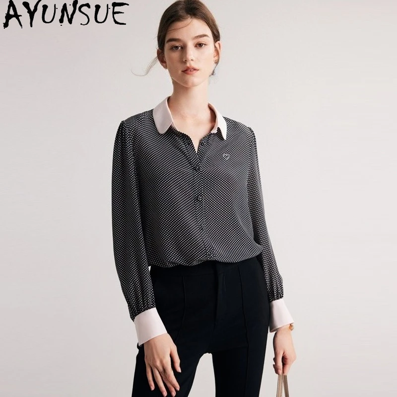

AYUNSUE, блузки из 100% тутового шелка, одежда для женщин, 2021, черная рубашка с длинными рукавами, офисные женские топы, уникальный воротник, Roupas Feminina