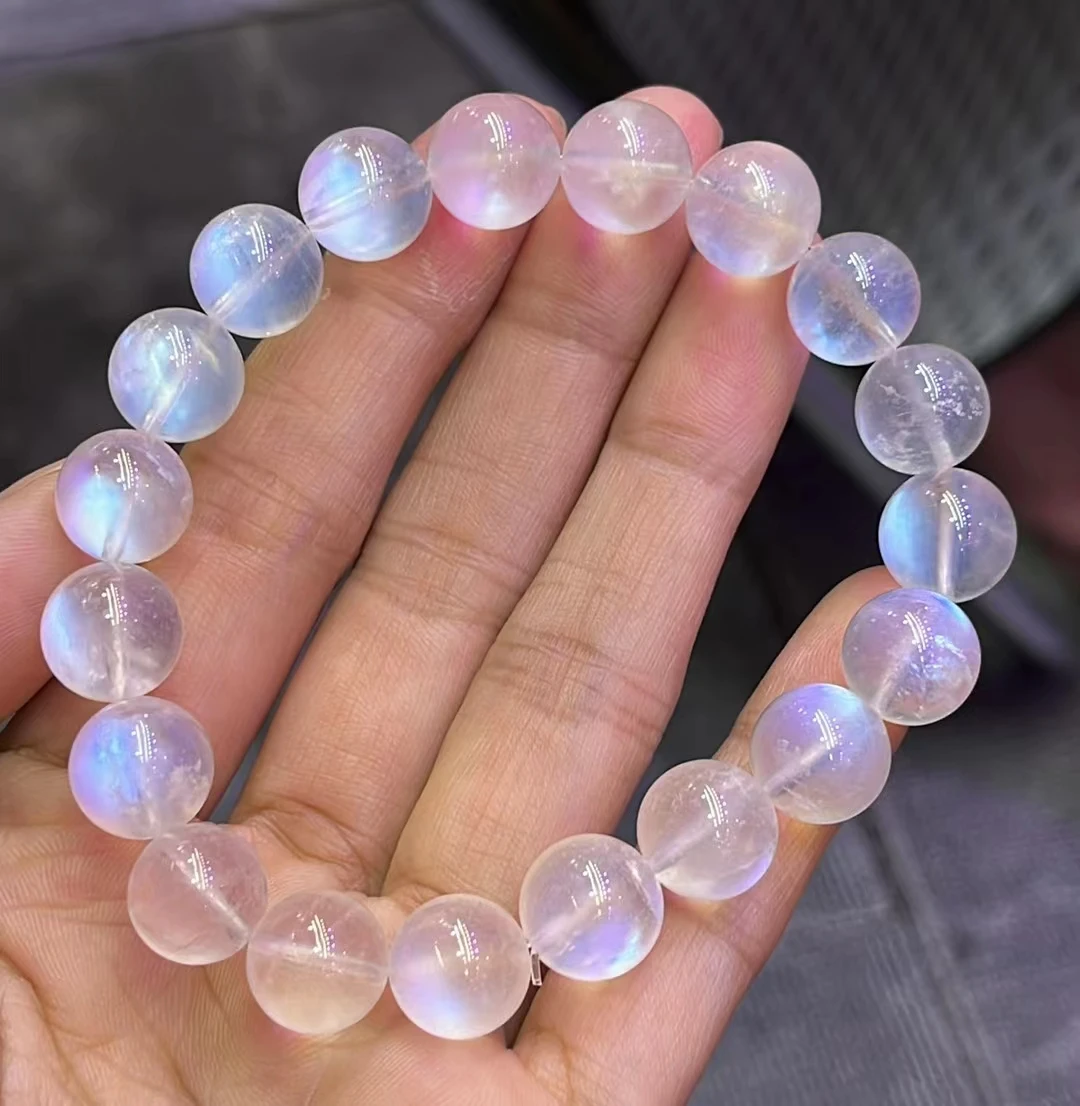 

Natural Blue Light Moonstone Clear Beads Bracelet Women Men Moonstone 11mm Stretch Crystal Clear Round Beads Bracelet AAAAA