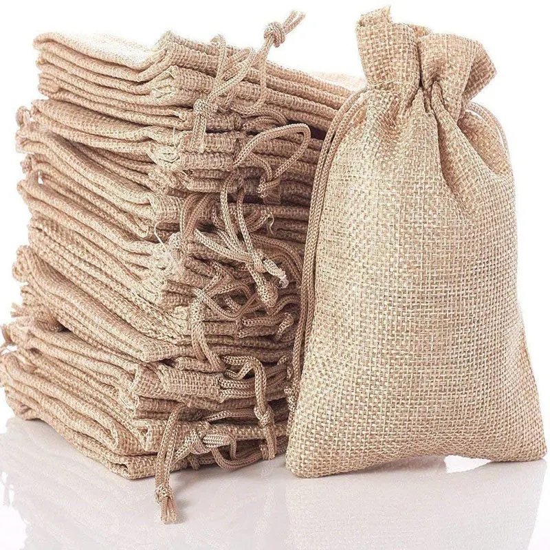 10Pcs/lot Natural Linen Burlap Bag Jute Gift Bag Vintage Wedding Drawstring Gift Packaging Birthday Party Holiday Candy Bags