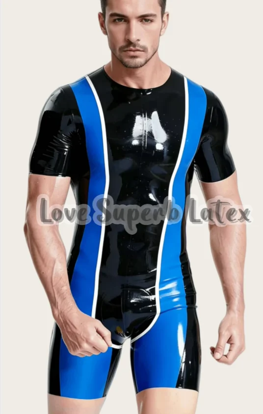 

Customized Latex Black Blue Bodysuit Fashion Latex Bodysuit Short Sleeve Catsuit Handmade Rubber Party Halloween