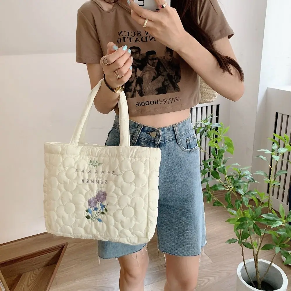 Large Capacity Fresh Flower Embroidery Handbag Storage Bag Solid Color INS Korean Style Tote Bag Shoulder Bag Polyester Girls