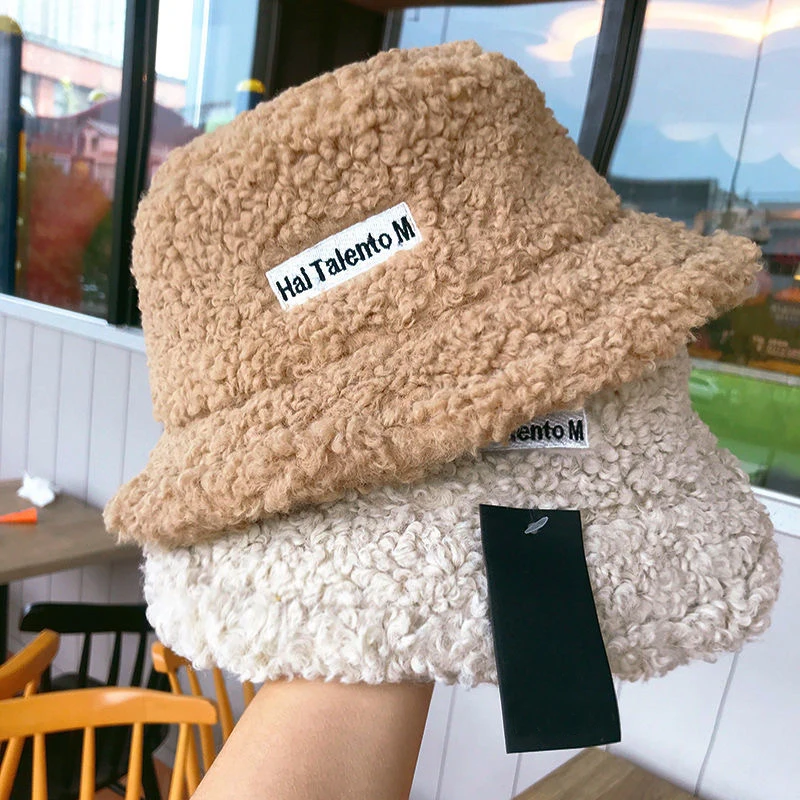 Winter Lamb Wool Bucket Hat Autumn Warm Hats for Women Lady Thicken Flat Top Cap Unisex Men Panama Outdoor Fisherman Hat Caps