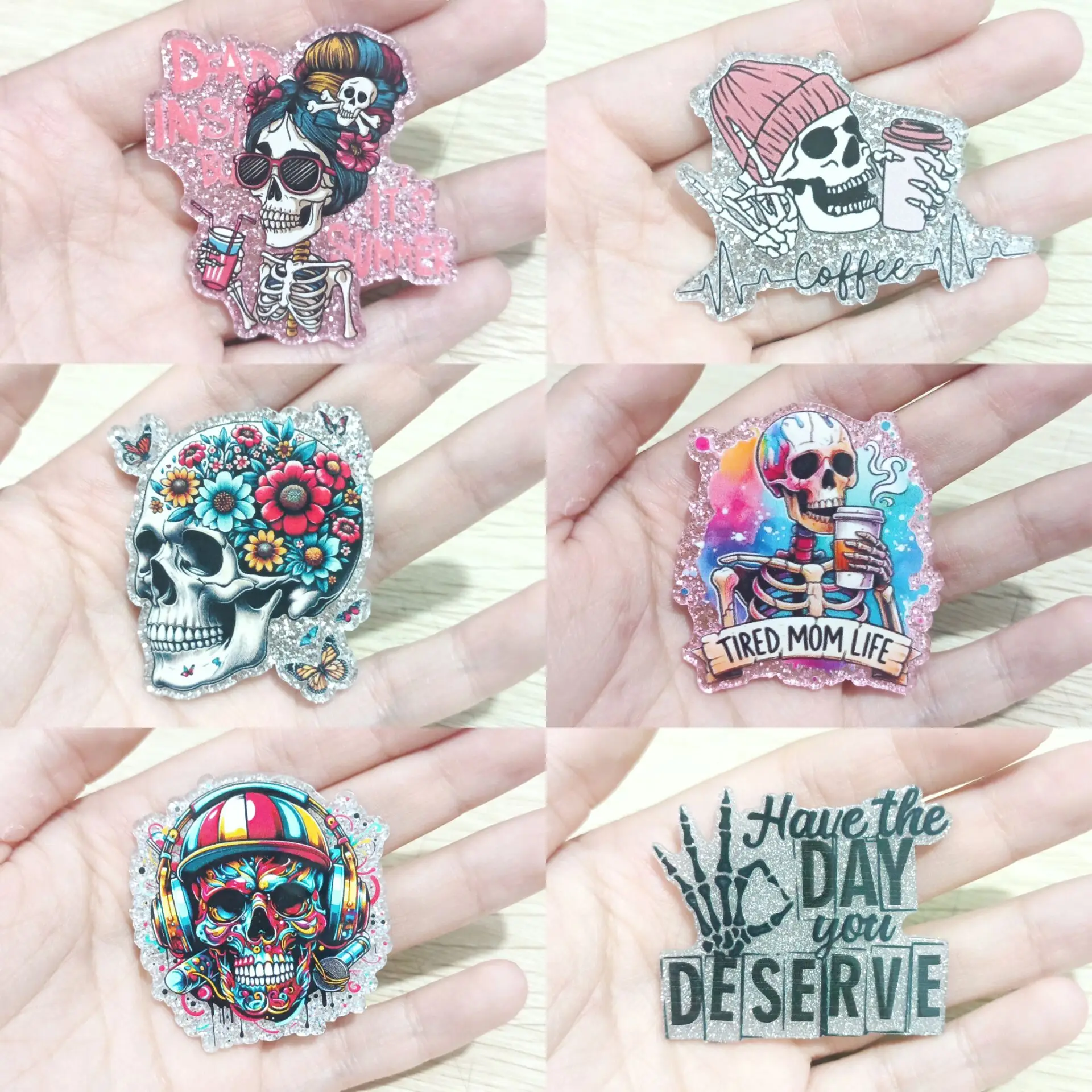 1PC Glitter Acrylic Skull Head Charms Coffee Flower Headset Tired Mom Life Pendants Fit DIY ID Card Badge Holder Jewelry Making