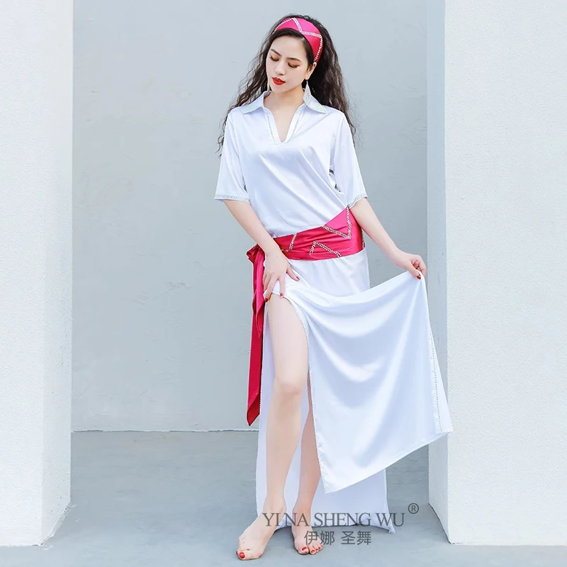 Novo barato egito baladi gasto saidi robe solto feminino dança do ventre oriental prática wite traje 4 peça conjunto com cinto