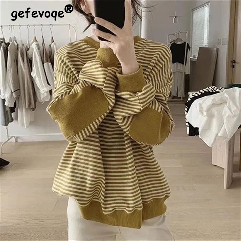 New Women Trendy Striped Patch Design Streetwear Oversized Y2K Sweatshirts Autumn Female Casual O Neck Long Sleeve Pullover Tops