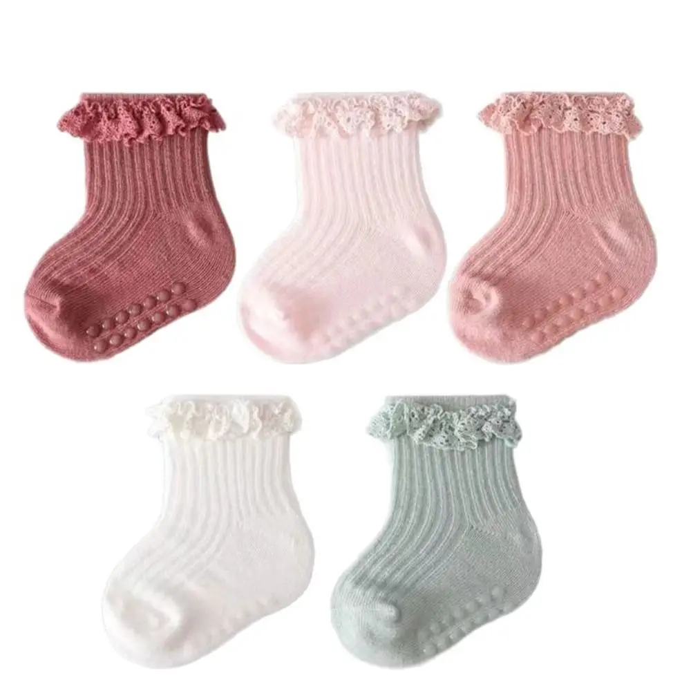 5 pares bonito algodão bebê plissado meias antiderrapante recém-nascidos crianças tubo meia rendas infantil toddle andando meias primeiros caminhantes