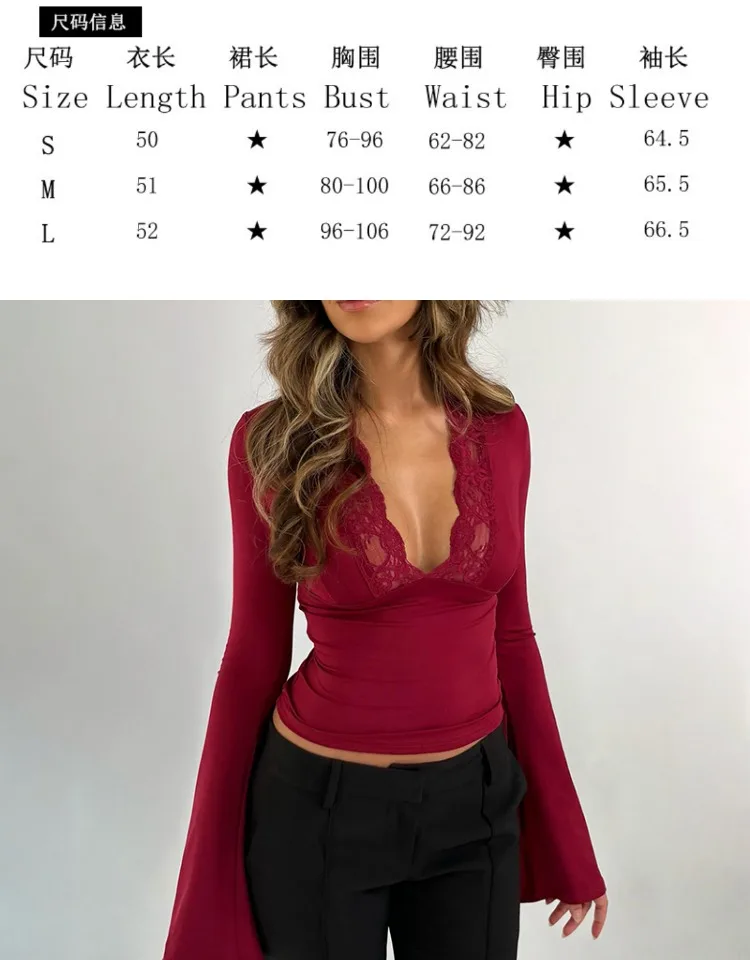 เสื้อยืดแขนยาวทรงเข้ารูป คอวีลึก แต่งผ้าลูกไม้ ดีไซน์เก๋ ทรงบานเล็กน้อย สำหรับผู้หญิง รุ่นใหม่ประจำฤดูใบไม้ร่วง