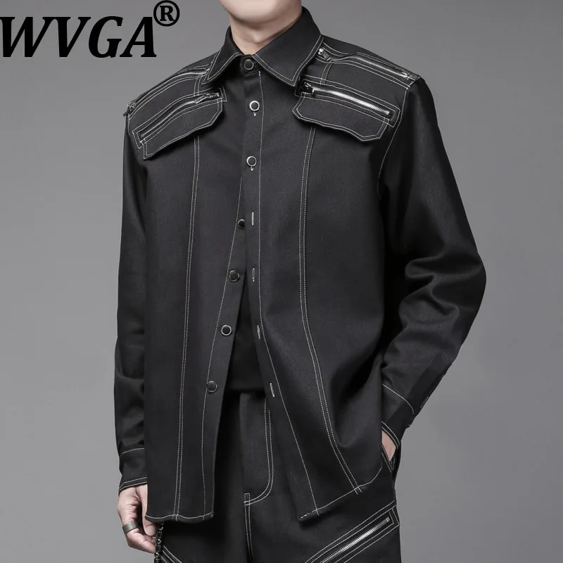 WVGA Spring Autumn New Men Tide Zipper Patchwork Trendy Heavy Design Denim Shirt Niche Chic Casual Wide-Leg Pants Set Ins W19049