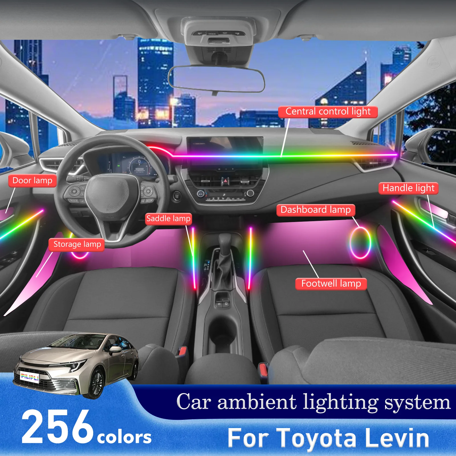 

For Toyota Levin Automobile Inside Decorative Ambient Light RGB 64-Color LED Smart Remote Control Energy Saving Kit