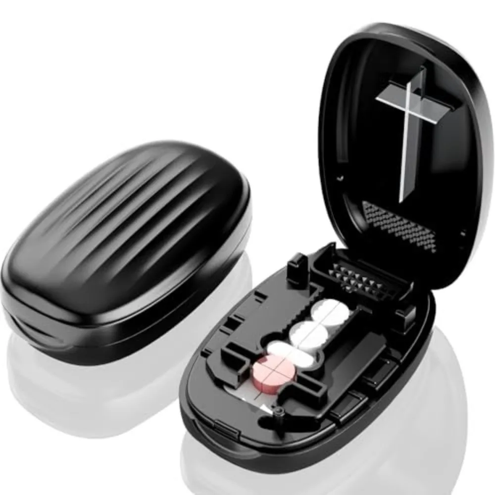 Mini caixa de armazenamento de comprimidos, lâmina de aço inoxidável, antiderrapante, cortador de comprimidos, 1/2 1/4, corte preciso, recipiente de tablet, uso ao ar livre