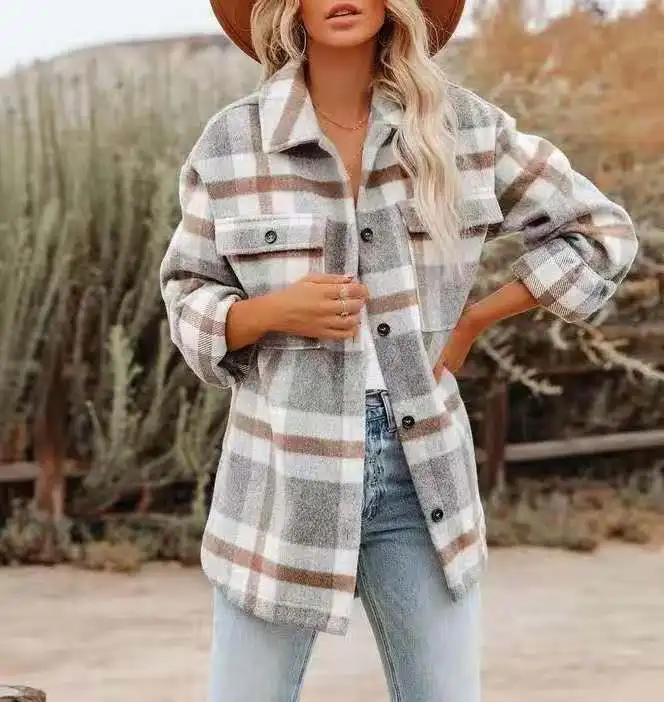 

Jackets for Women 2023 Autumn Fashion Plaid Casual Polo Long Sleeve Loose Pocket design Single Breasted Woolen cloth Jacket Coat