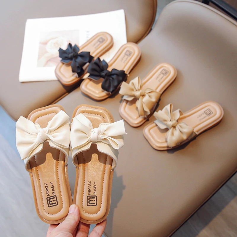 Girl's Slippers Bowtie Square Toe Sweet Pu Leather Kids Sliders Flat Three Colors Trendy Vacation All-match Children Sandals