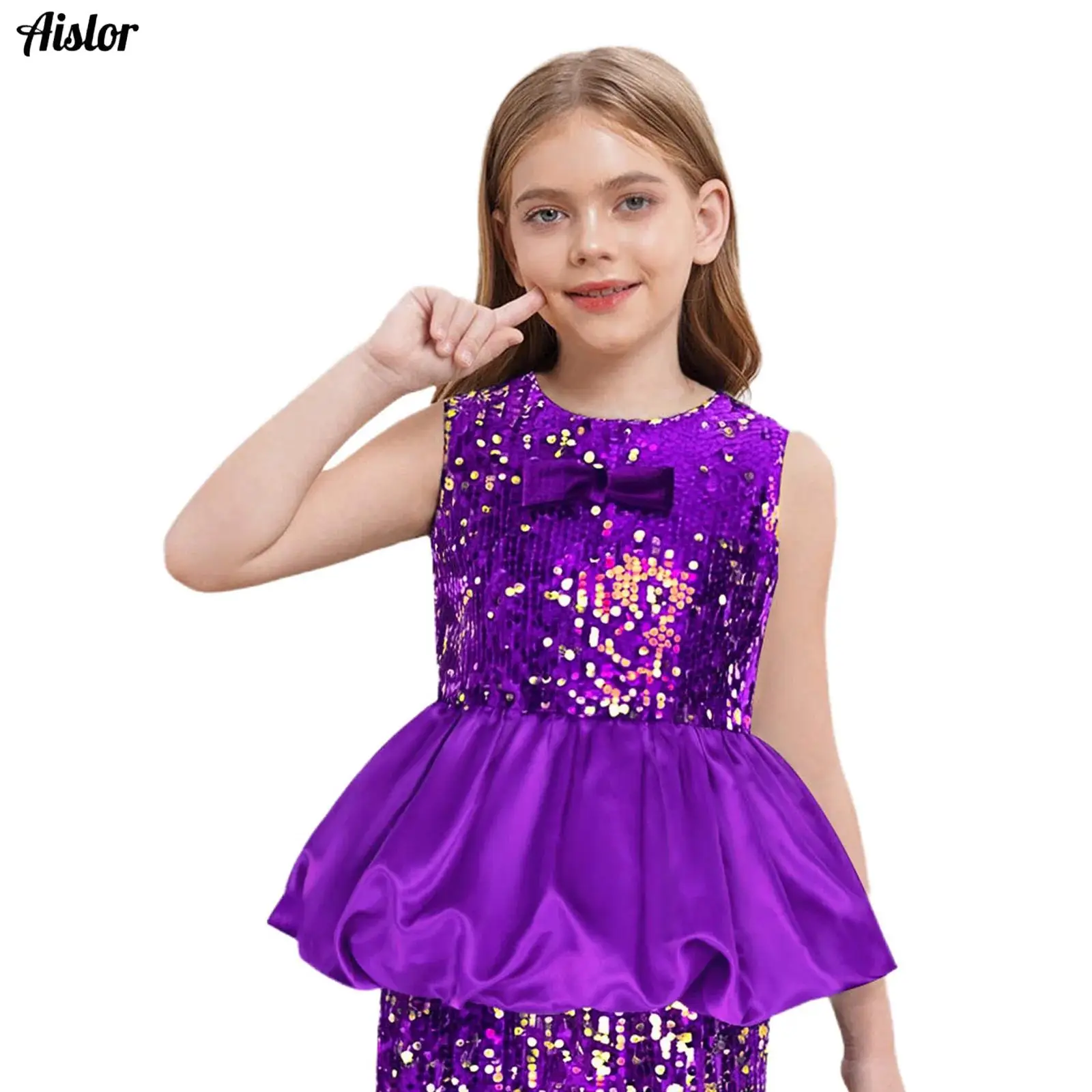 

Kids Girls Sparkly Sequined Party Tank Top Puff Peplum Front Bow Sleeveless Fully Lining Vest Blouse for Birthday Proms Dance