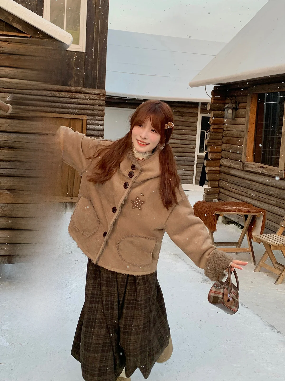 

Женское утепленное пальто BibiBency Bear Aunt Home Sweet Sle из двусторонней овечьей шерсти с капюшоном, маленький размер, осень-зима