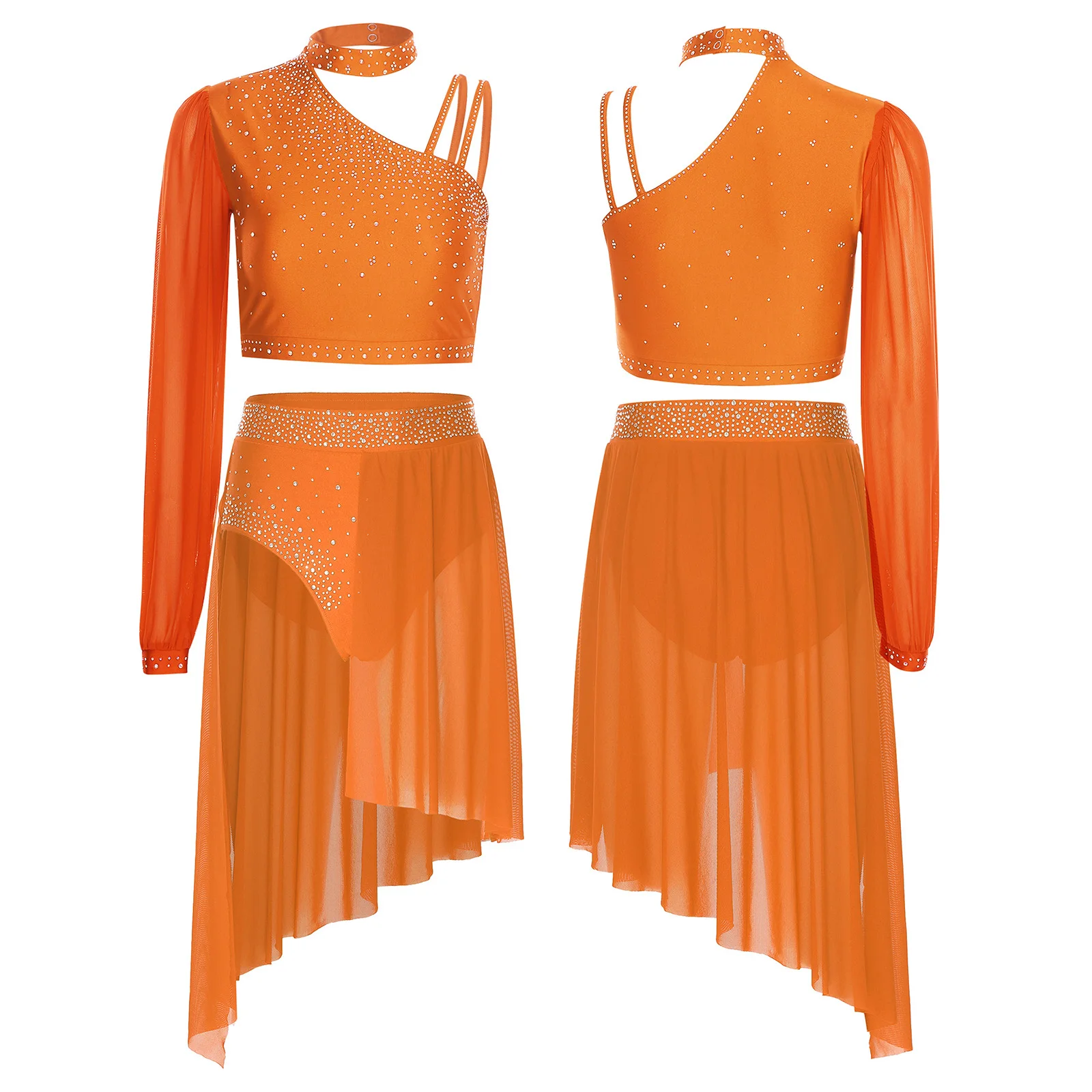 

Womens Lyrical Performance Outfit Trendy Chiffon Skirted Shorts with Edgy Shiny Rhinestone Crop Top for Latin Dance Competition