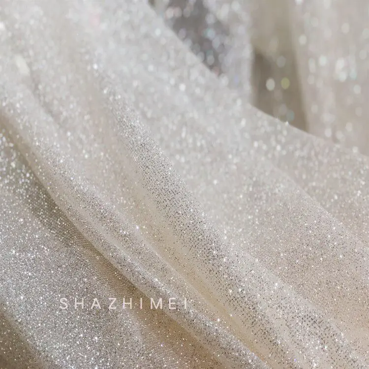 glitter seersucker extra-dense mesh fabric with rhinestones and spraying-fabric for Draping Wedding dresses formal gowns. Fabric