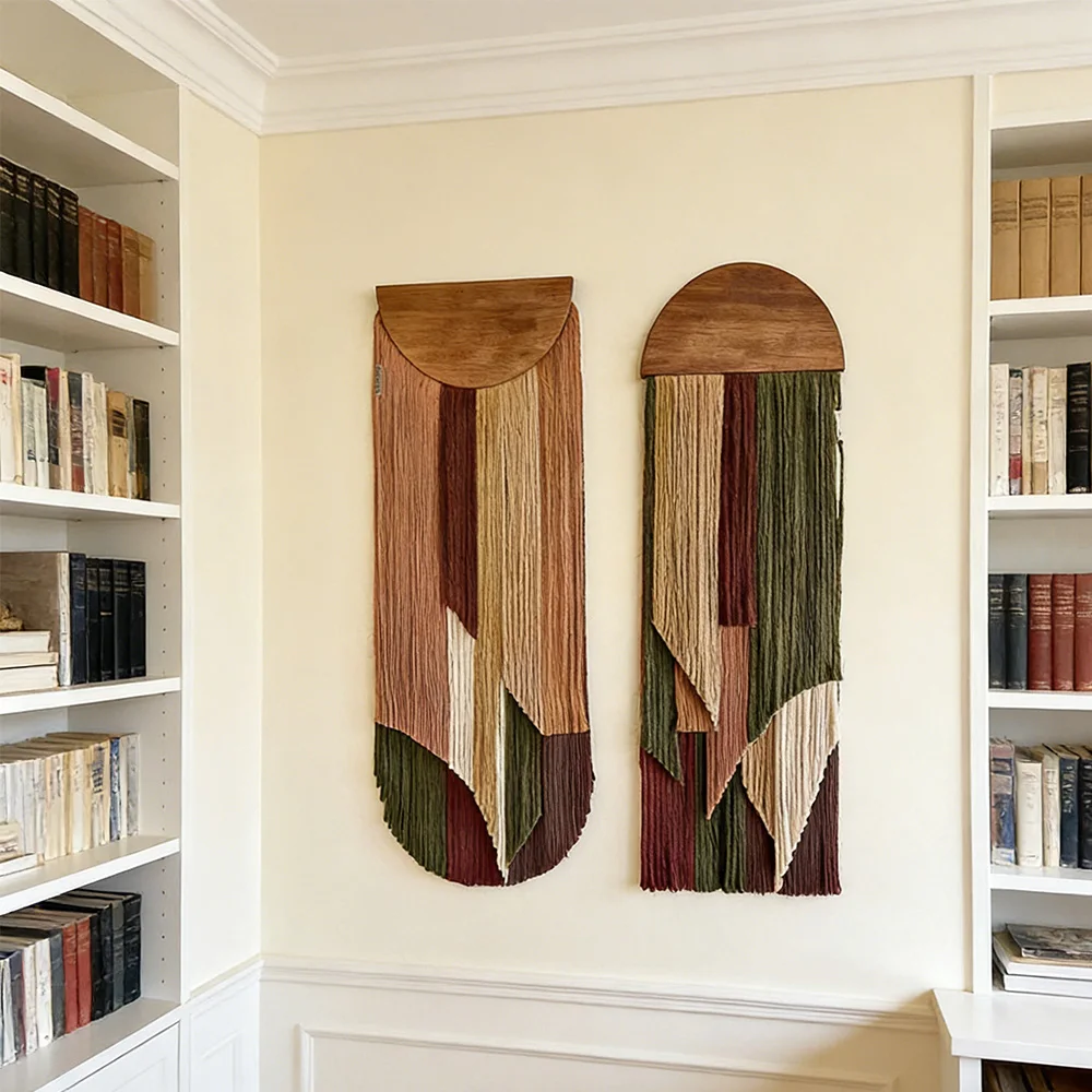 tt& Asymmetric Bohemian Decor Dual Panel Earth Tone Layered Fringe Wall Art for Hotel & BNB Interiors~*