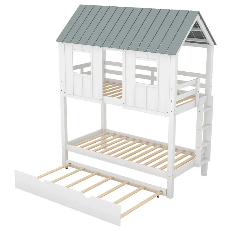 White Gray Cottage Bunk Bed with Pull Out Trundle for Kids Bedroom Furniture Space Saving Design