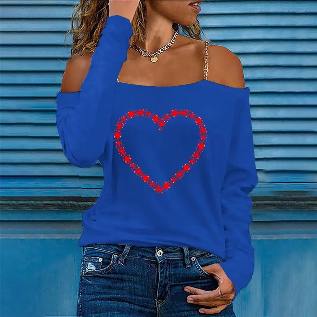 

Women's Red Off-Shoulder Top with Lightning Heart Print Long Sleeve Chain Strap European And American Style T-shirt