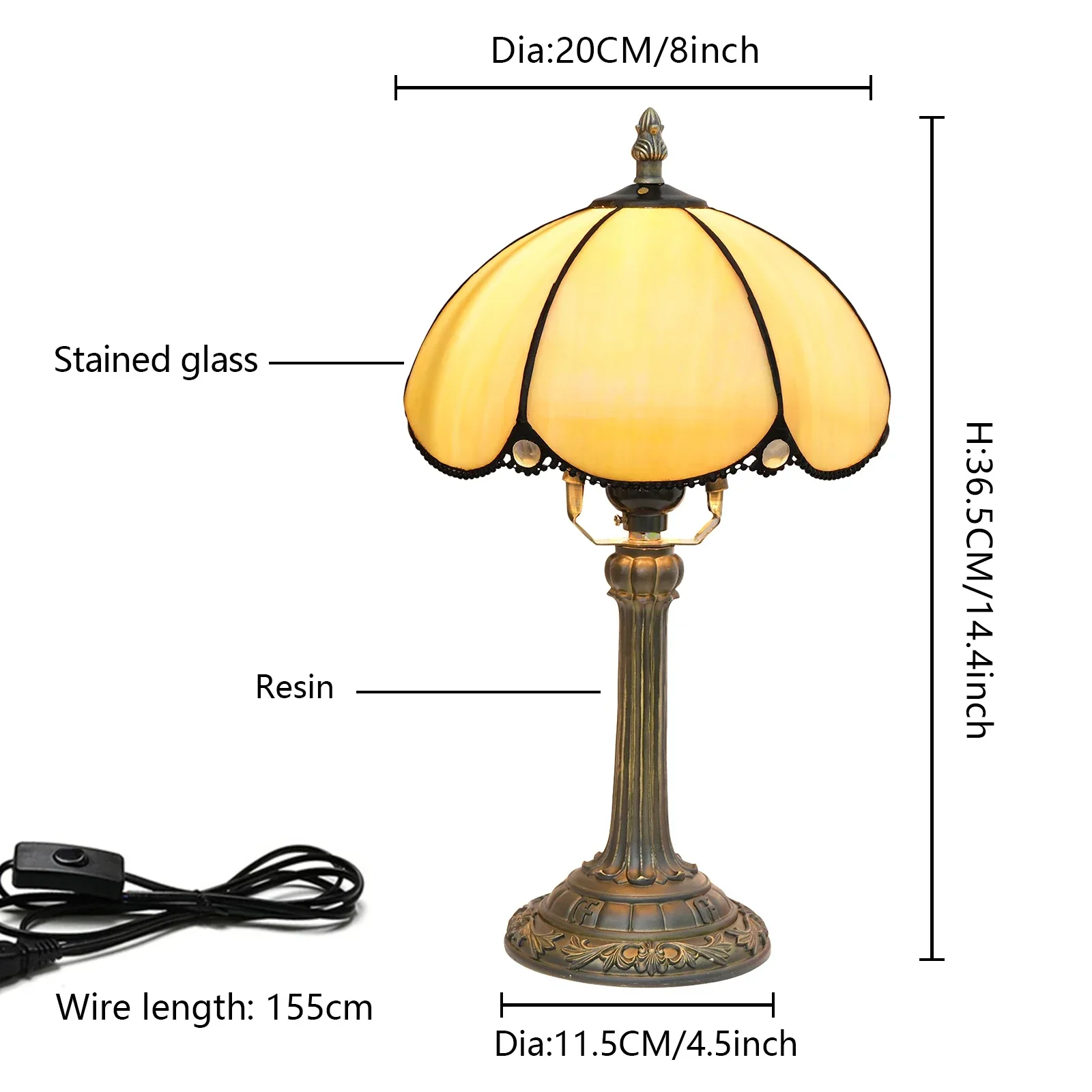 Candeeiro de mesa estilo Tiffany de 8 polegadas e 20 cm, candeeiro de leitura em vitral amarelo com design antigo para quarto e sala de estar