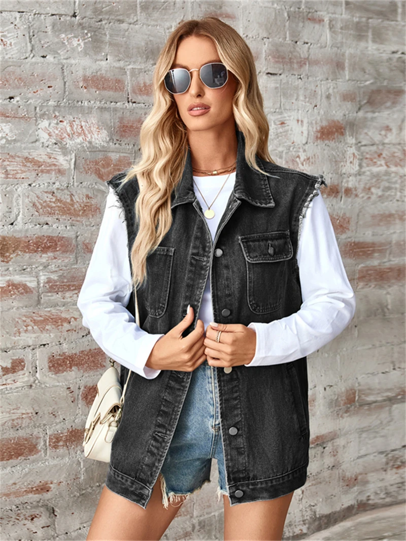 Streetwear Denim Vest Coat Autumn Clothes Women 2024 Washed Sleeveless Jacket Waistcoat Top Casual Baggy Jean Vest Cardigan Coat