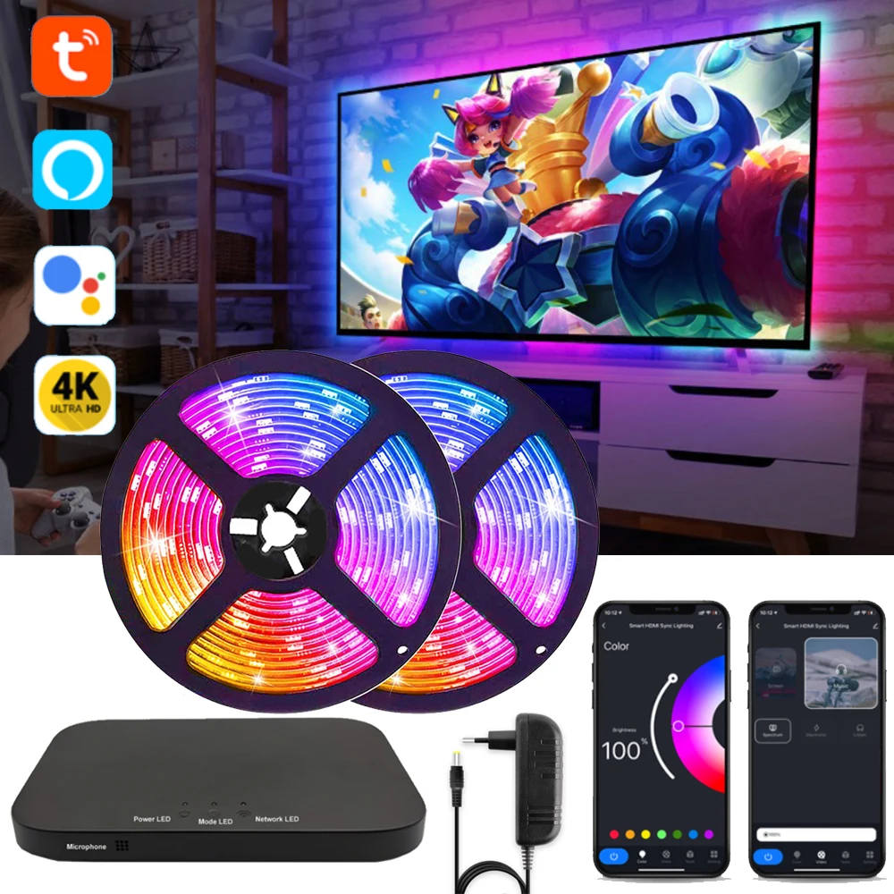 2024 Tuya Wifi Ambient TV listwy RGB Led z podświetleniem dla urządzeń HDMI na ekranie obsługa synchronizacji kolorów 4K/HDR/GAME/TV, pudełko/Alexa