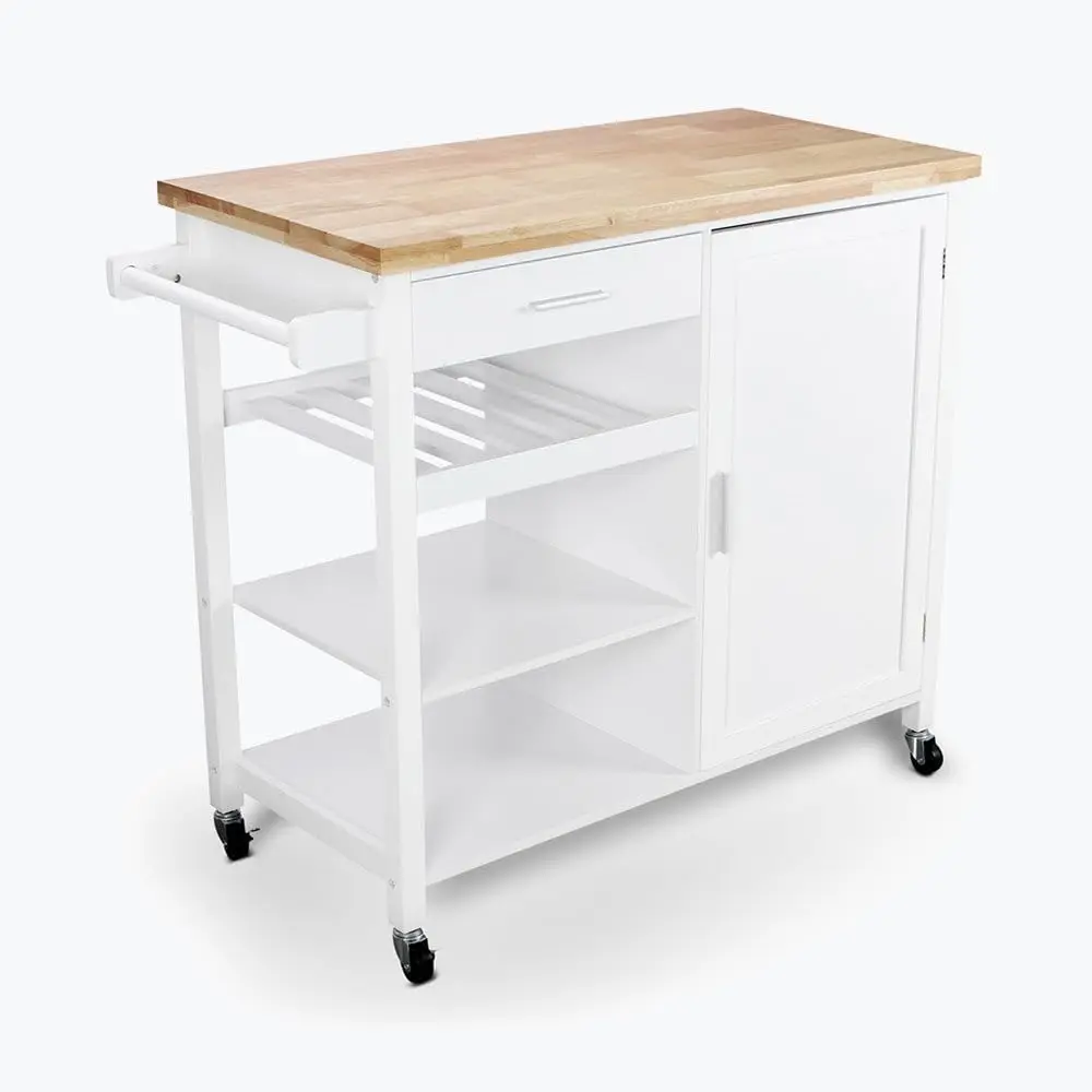 Modern Rolling Kitchen Island Utility Cart with a Drawer, Storage Cabinet, Handle Towel Rack, Rubber Wood Top