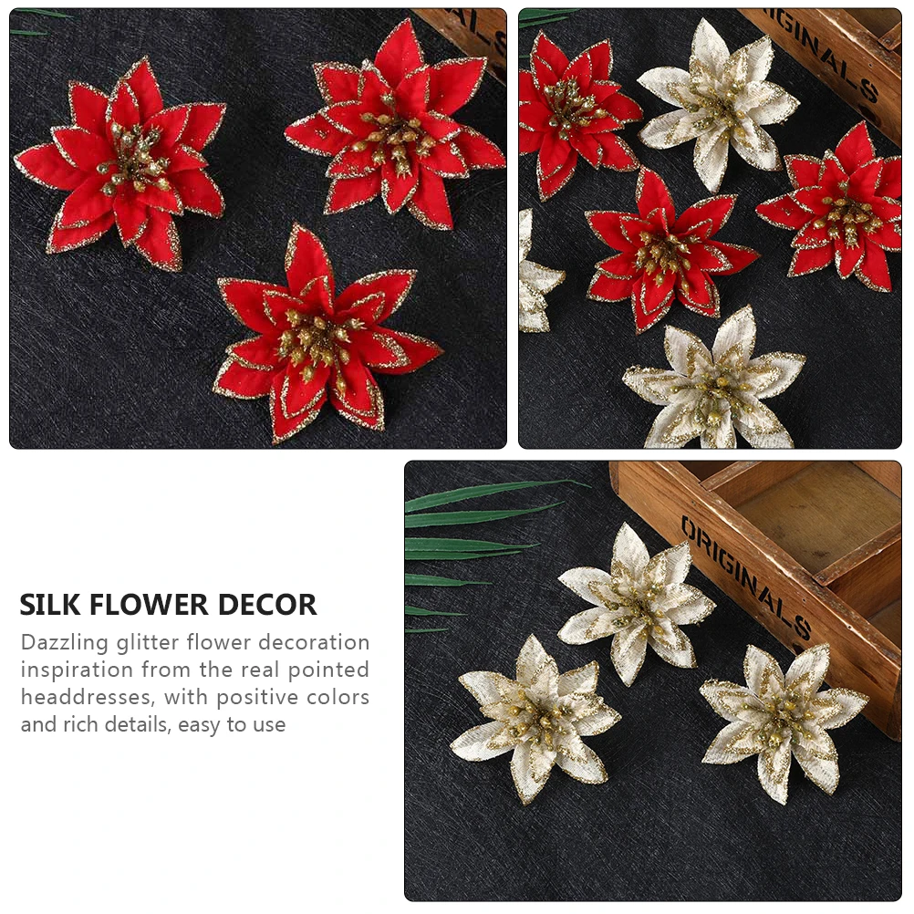 

24Pcs Decorative Christmas Flowers 8Cm Sparkling Artificial Floral Picks for Tree Wreath Holiday Party Event Photo Backdrop Use