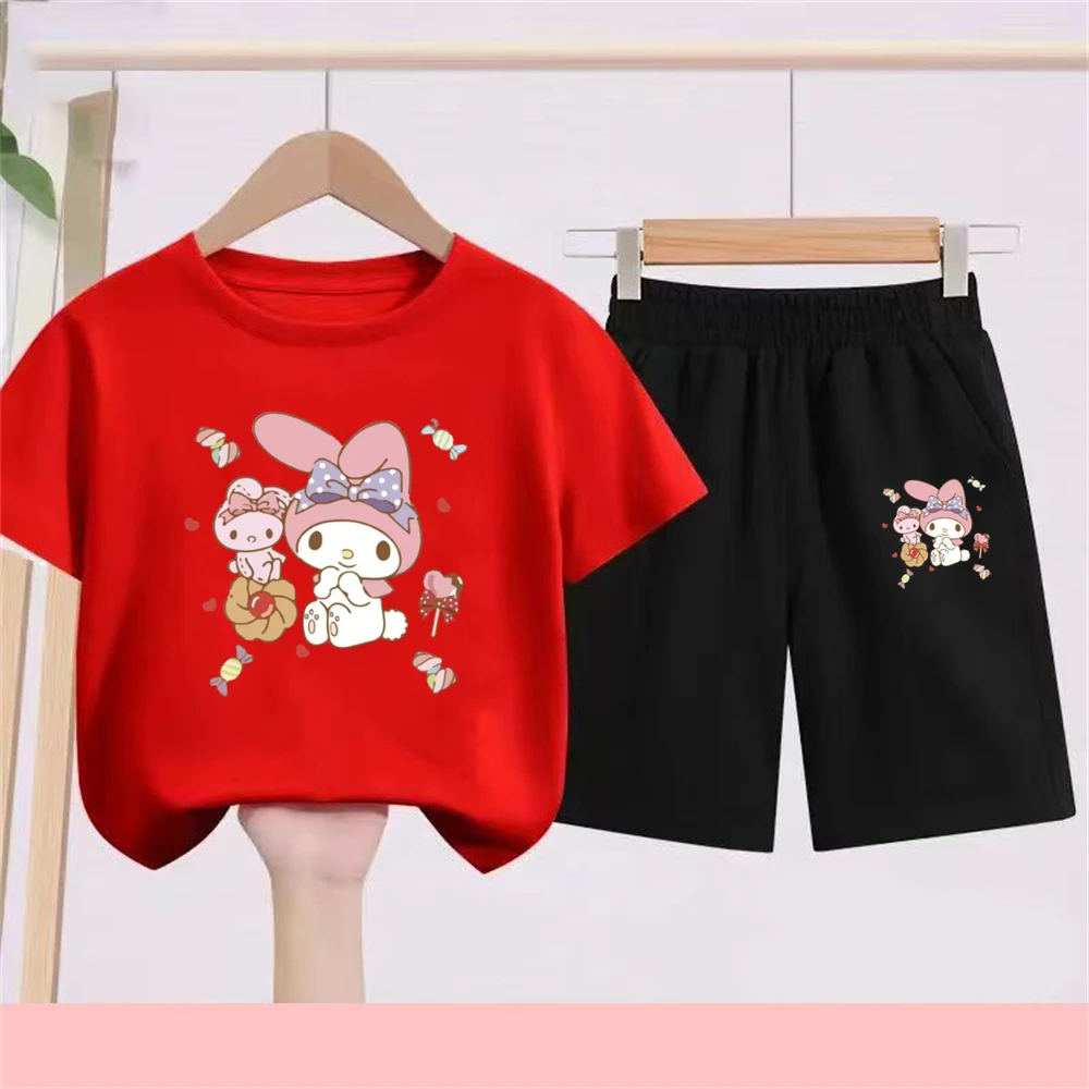 

Sanrio Kids T-shirt Boys black Girls red Tee Print Short Sleeve+Shorts 2Pcs Toddler 3-12years Leisure Sports Summer Set