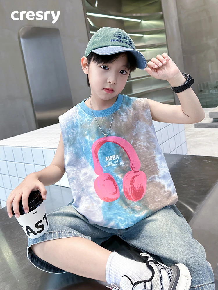 cresry-boys-summer-tie-dye-cotton-vest-t-shirt-korean-style-kids-clothing-set-love-expression-print-pattern-thin-cotton-blend