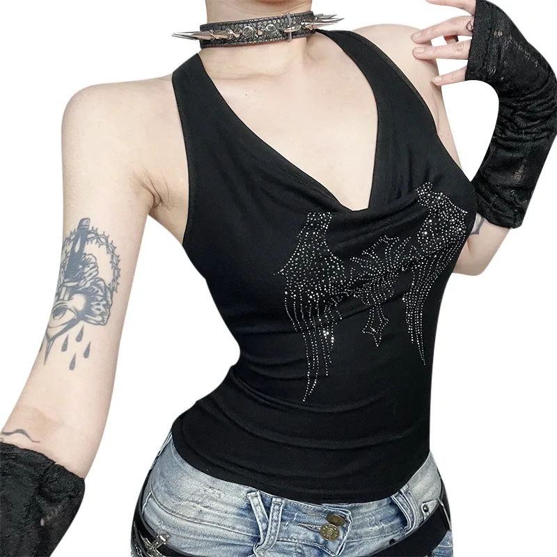 Gothic Dark Cross Hot Diamond Collar Uncovered Vest 2025 New All-match Tops for Women
