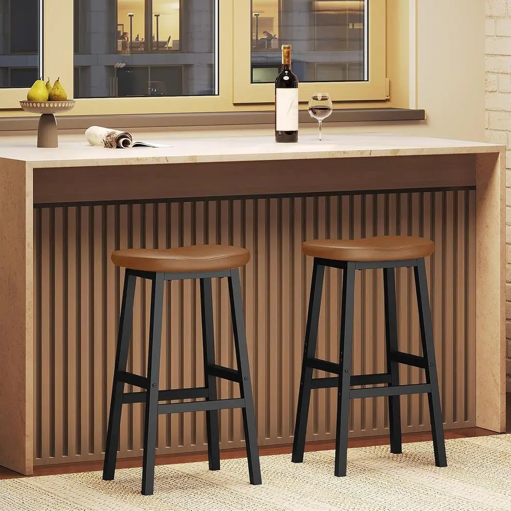 Pair of Saddle-Style Bar Stools, Brown & Black, Curved Seat, Counter Height, with Footrests, Suitable for Kitchen, Dining, and L