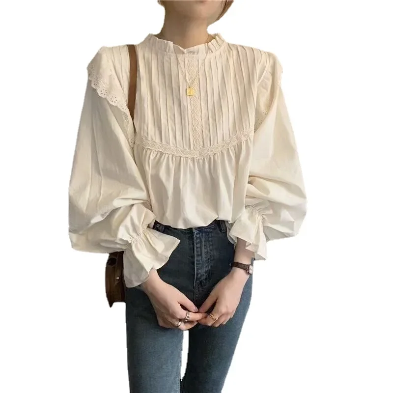 White Blouse Women Blusas Stand Neck Chiffon Shirts Long Sleeve Ruffles Lace Blouses Vintage Elegant Sweet Femme Tops