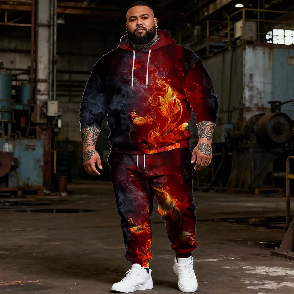 

S-9xl plus size Men's Hoodie Set with Flame Elements - 2-Piece Casual Outfit, Soft Warm Fabric, Bold Flame Prints
