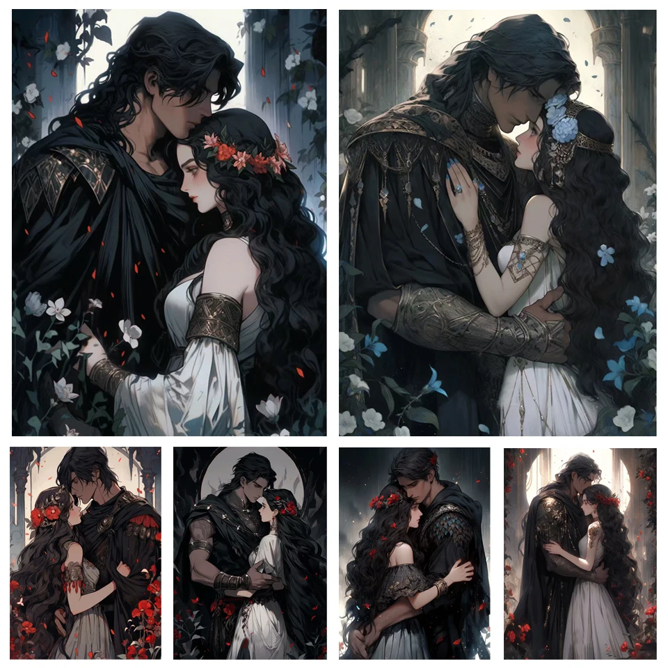 Dark Romantic Couple Canvas Painting Vintage Fantasy Lovers Portrait In Medieval Noble Outfit With Flower Crown Garden Floral