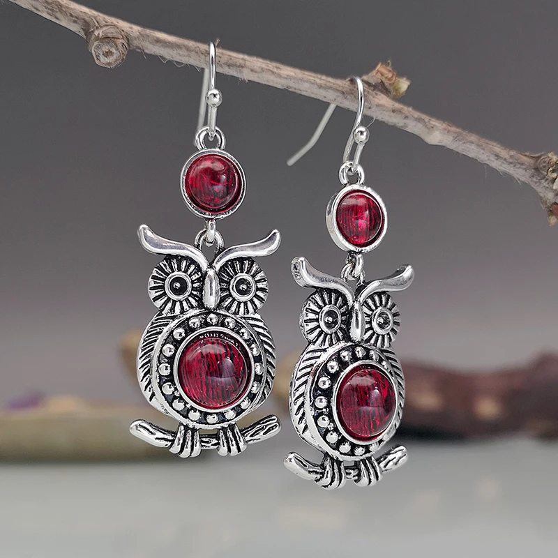 Vintage Red Round Stone Owl Earrings Lovely Animal Jewelry Thai Silver Color Statement Dangle Earrings Party Accessories