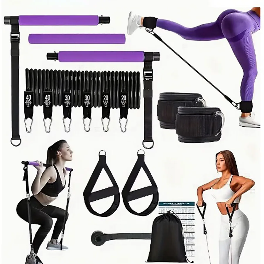 180lbs Resistance Bands with Adjustable Pilates Bar, Portable Home Gym Set for Full Body Strength & Pilates Workout