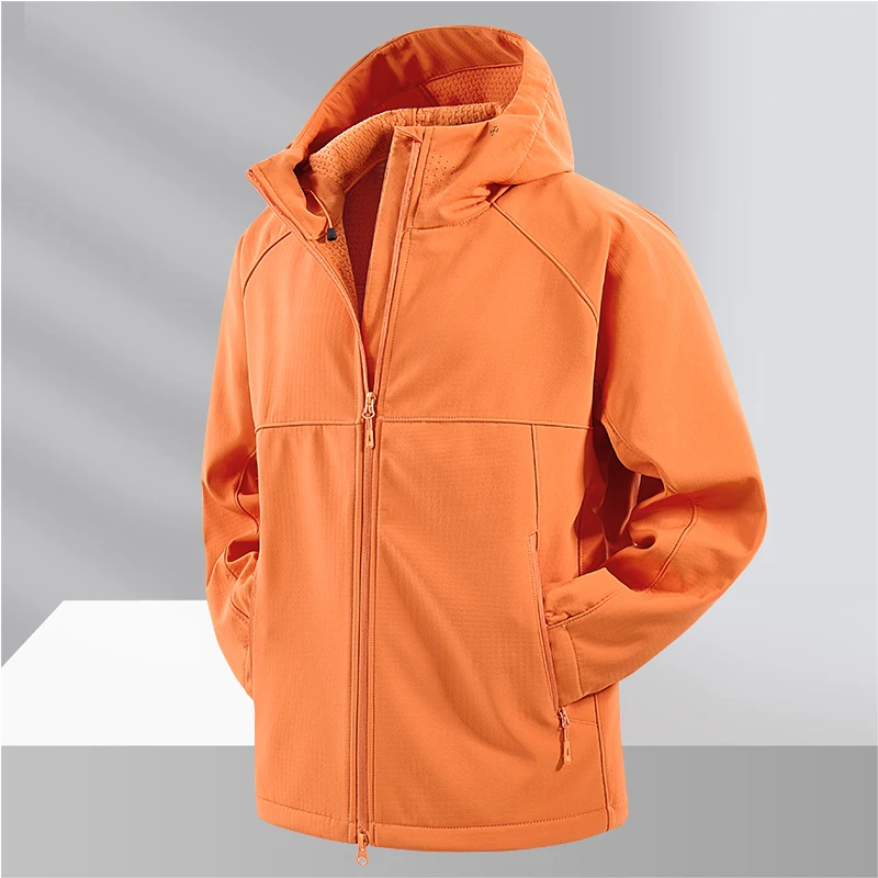 Men Hooded Softshell Jacket Windproof Water Resistant Full Zip Outdoor Hiking Camping Male Coat With Detachable Hat