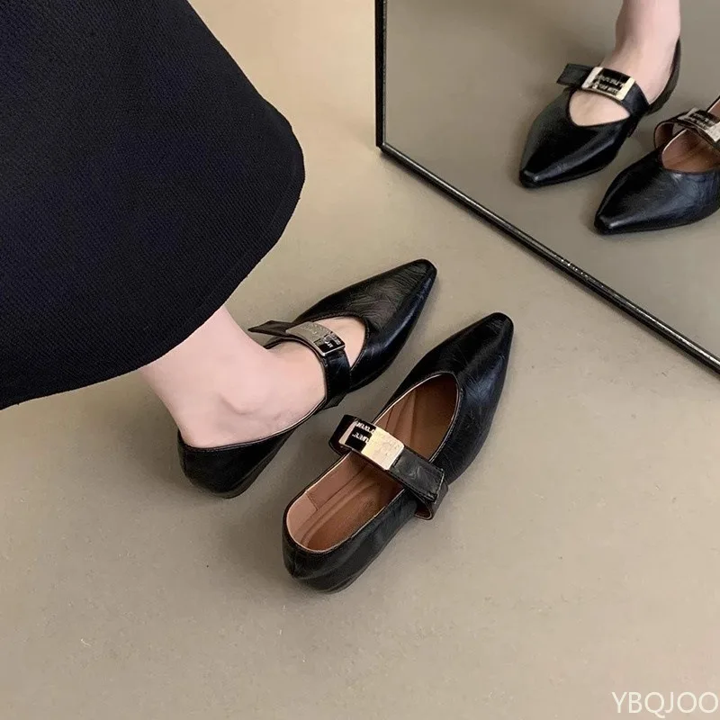 2026 Primavera y novedad de verano, zapatos de mujer de tacón bajo puntiagudos con cubiertas de boca poco profundas para citas, zapatos individuales para mujer