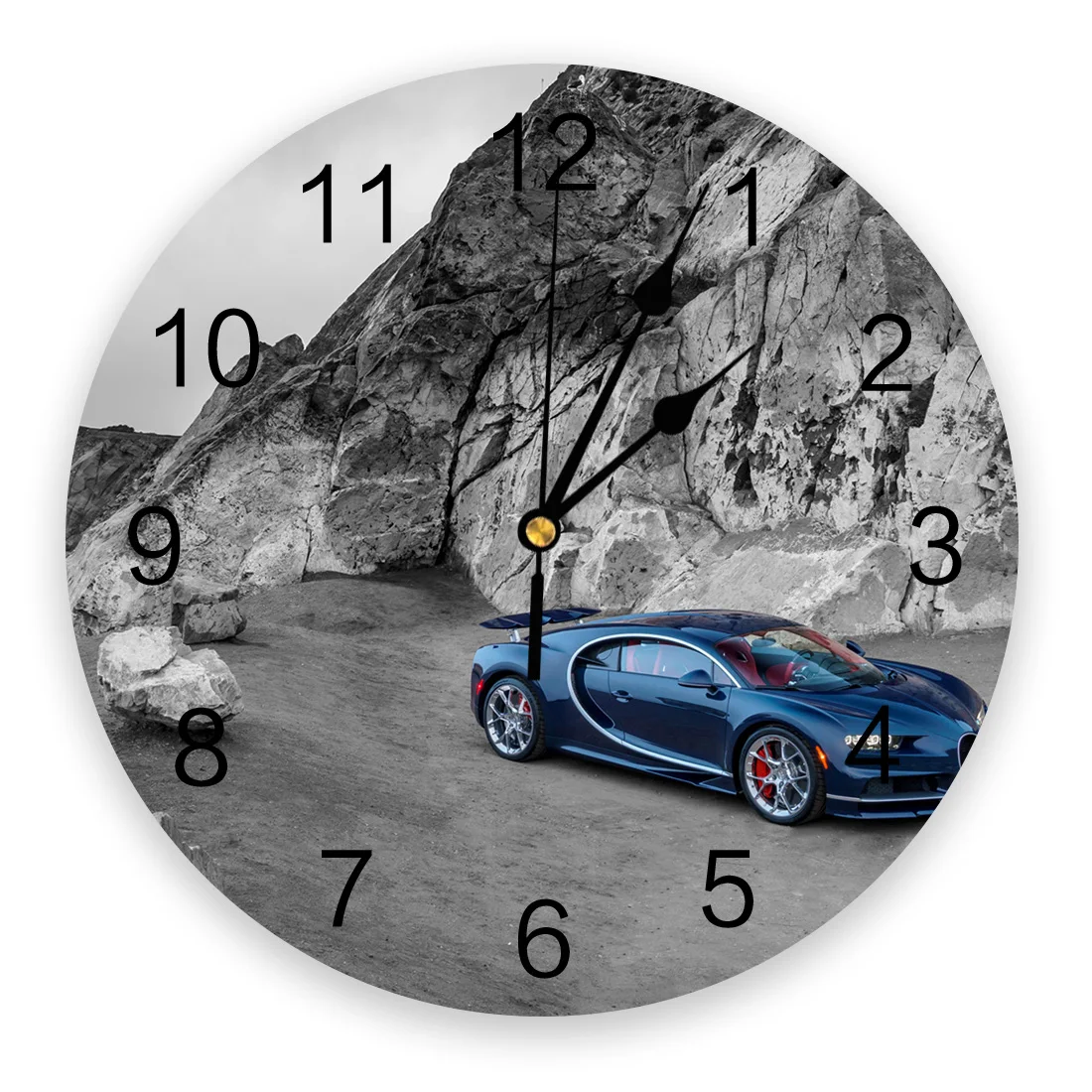 Retro Blue Racing Car Landscape Round Wall Clock Hanging Silent Time Clock Home Interior Bedroom Living Room Office Decor