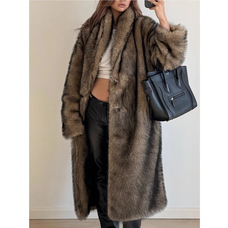 Luxury Women's Clothing Winter Long Fur Coats New Faux Wolf Fur Suit Collars Overcoats Windproof Warm Loose Windbreakers